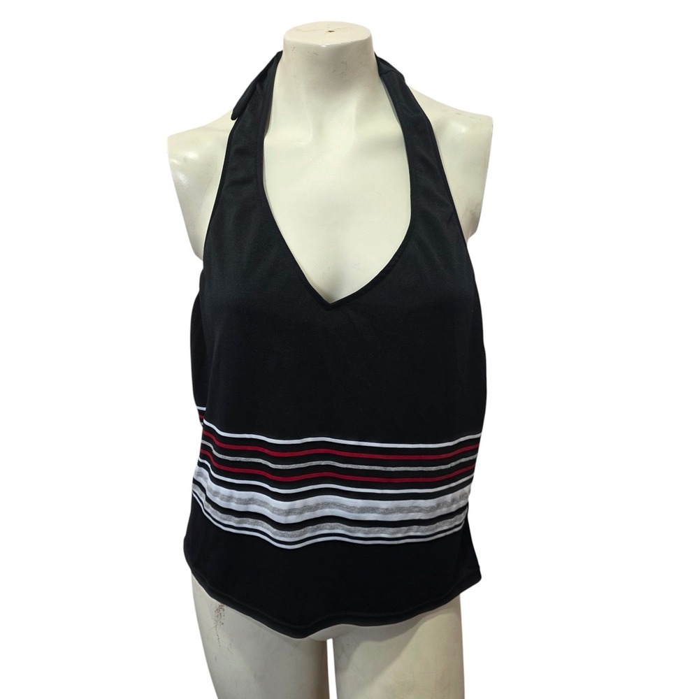 Merona XL Black Halter Tankini Swim Top Striped Built In Bra Stretch Swimwear